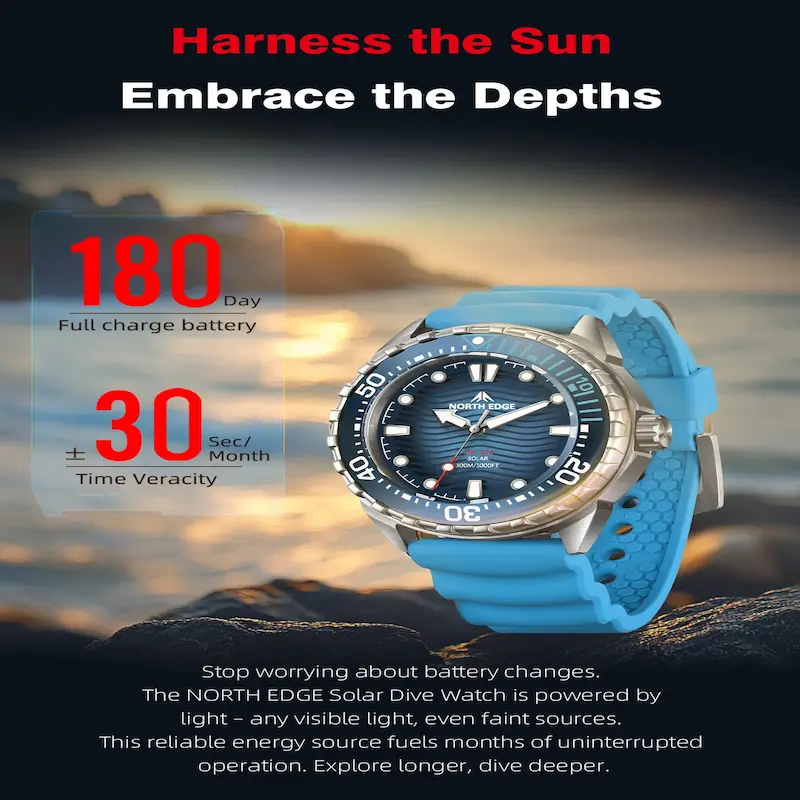 Blue North Edge Triton solar dive watch with 180-day battery life and wavy dial.