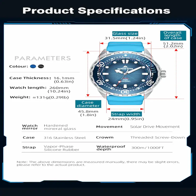 Technical specifications and dimensions of North Edge Triton Solar watch.