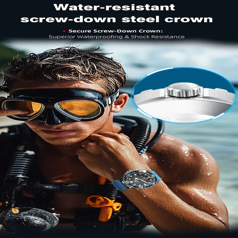 Close-up of North Edge Triton water-resistant screw-down steel crown for diving.