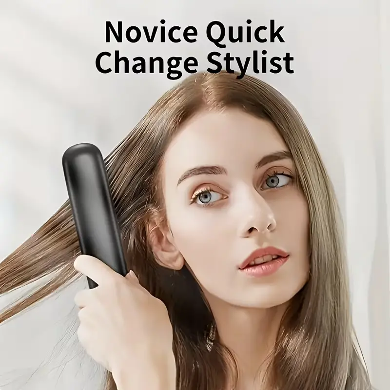 Woman using the portable hair brush for quick styling.