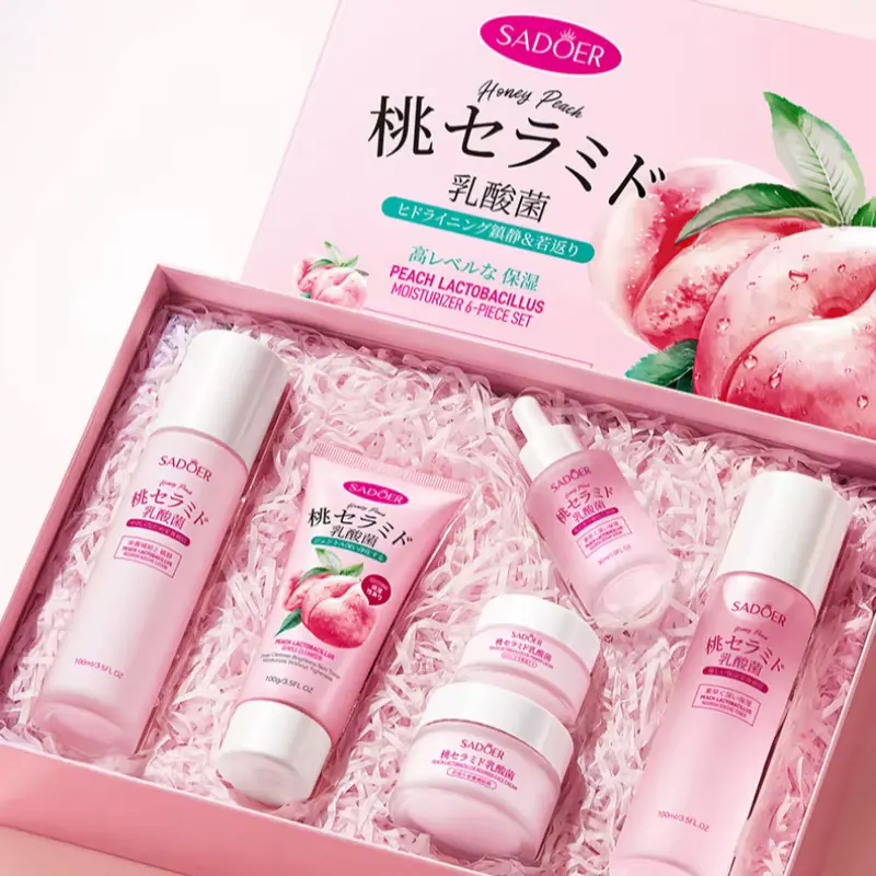 An unboxed pink gift box packaging containing the full collection evaluated in our Peach Skincare Set Review.
