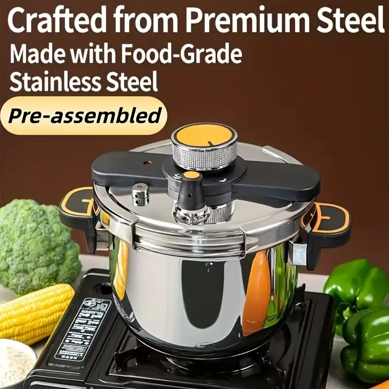 Pre-assembled premium food-grade stainless steel pressure cooker on a gas stove.