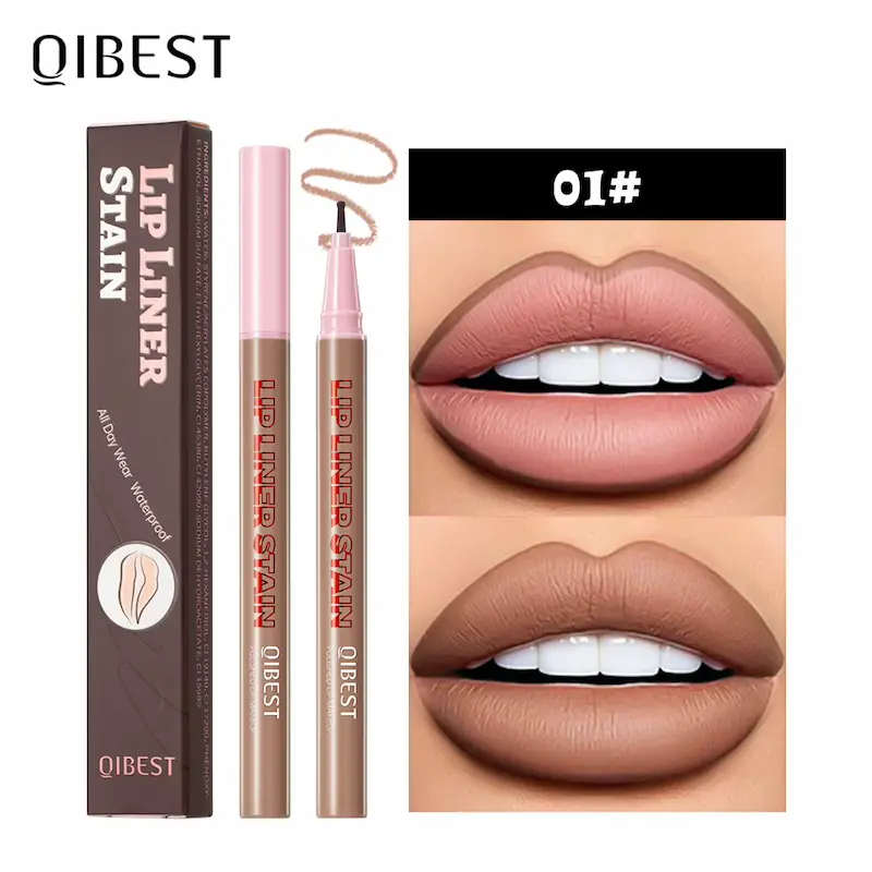 QIBEST Matte Liquid Lipliner pencil with its packaging box showing natural lip contour application of shade 01.