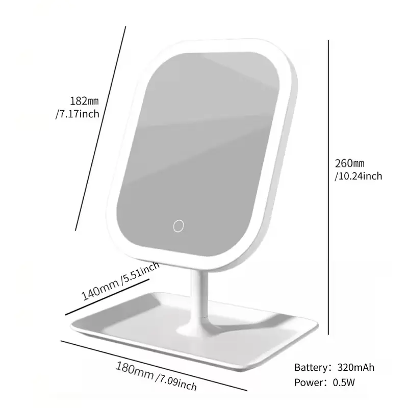 Technical dimensions of the LED vanity mirror showing 10.24 inch height and 320mAh battery capacity.