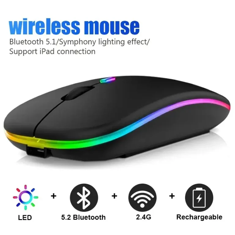 Black rechargeable wireless mouse showcasing LED lights, Bluetooth 5.2, 2.4G wireless, and rechargeable battery icons.