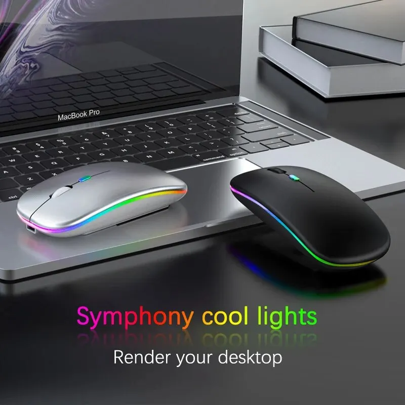 Silver and black RGB wireless mice placed on a MacBook Pro laptop showing symphony cool lights effect.