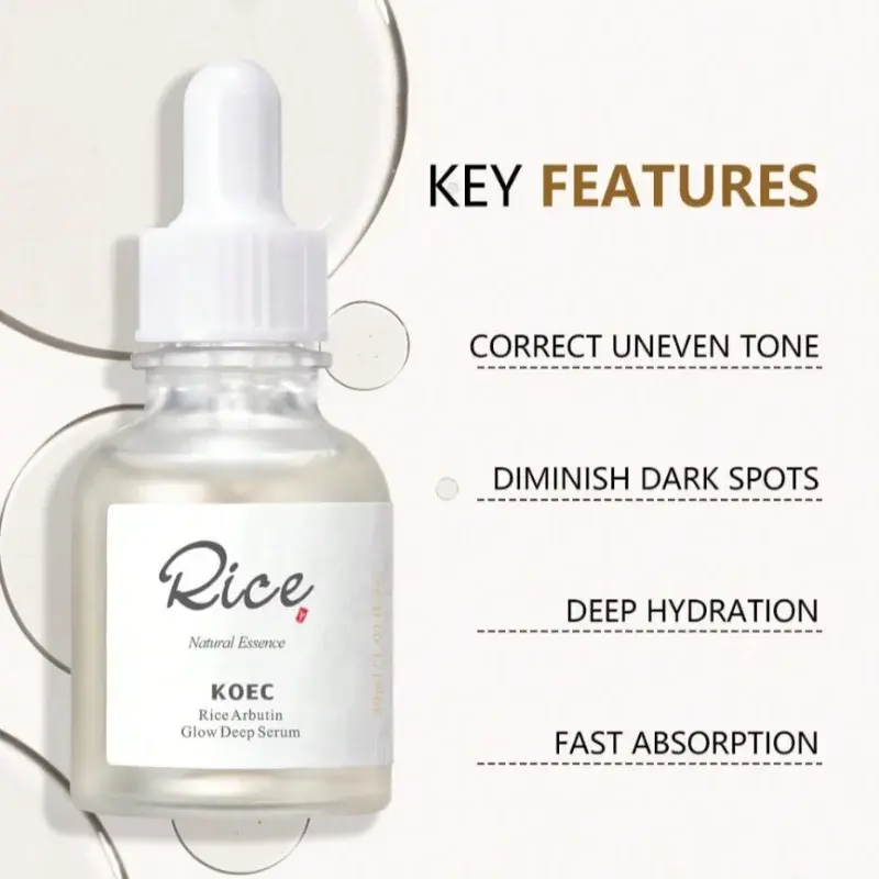 Rice Arbutin Glow Deep Serum bottle showing benefits like dark spot reduction and deep hydration.