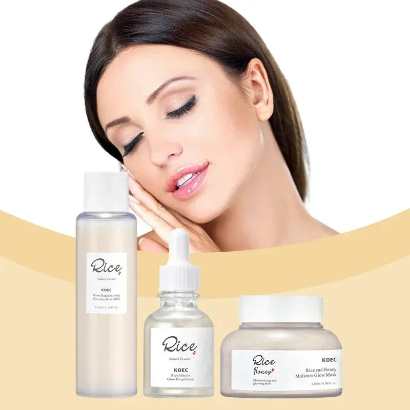 A woman with glowing skin posing with the 3pcs Rice and Honey facial skincare set.