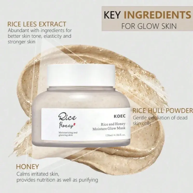Rice and Honey Moisture Glow Mask with key ingredients like rice lees extract, honey, and rice hull powder.