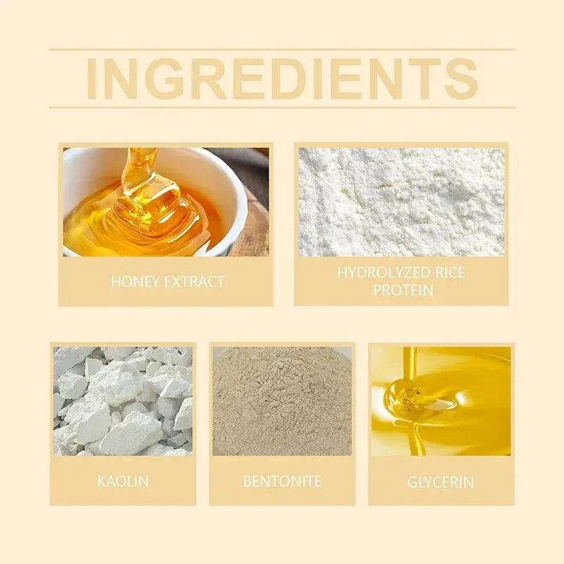 Natural ingredients of Rice Honey skincare set including Honey Extract, Hydrolyzed Rice Protein, Kaolin, Bentonite, and Glycerin.