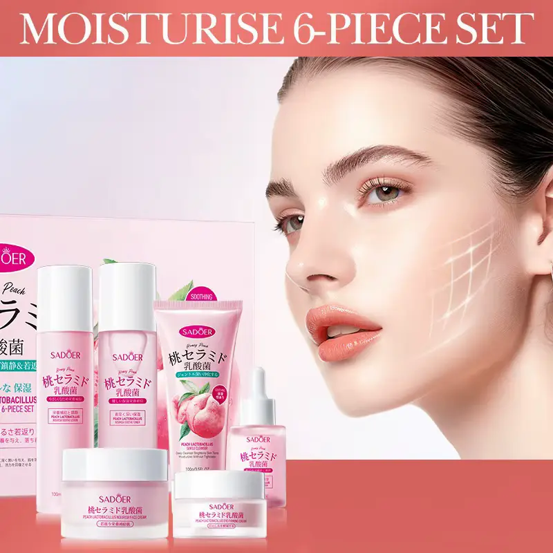 Close-up of a woman with radiant skin next to alcohol-free moisturizing peach facial care products.
