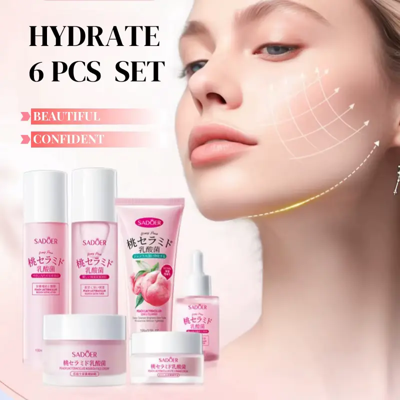 A model showcasing glowing, hydrated skin next to the products featured in this Peach Skincare Set Review.
