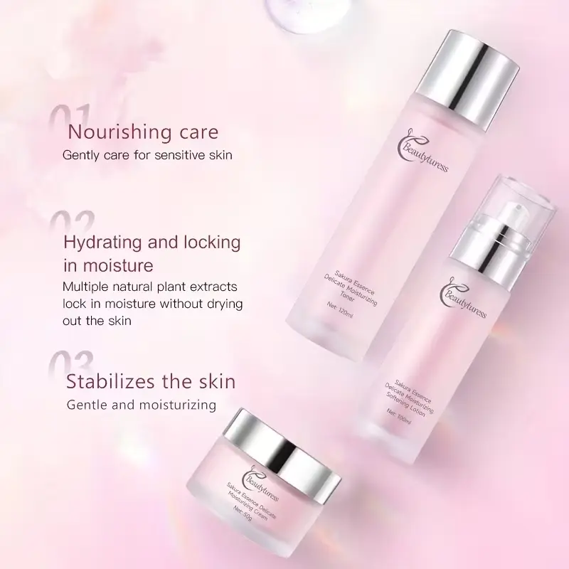 Close-up of Sakura Essence Toner, Moisturizing Lotion, and Cream for sensitive skin hydration.