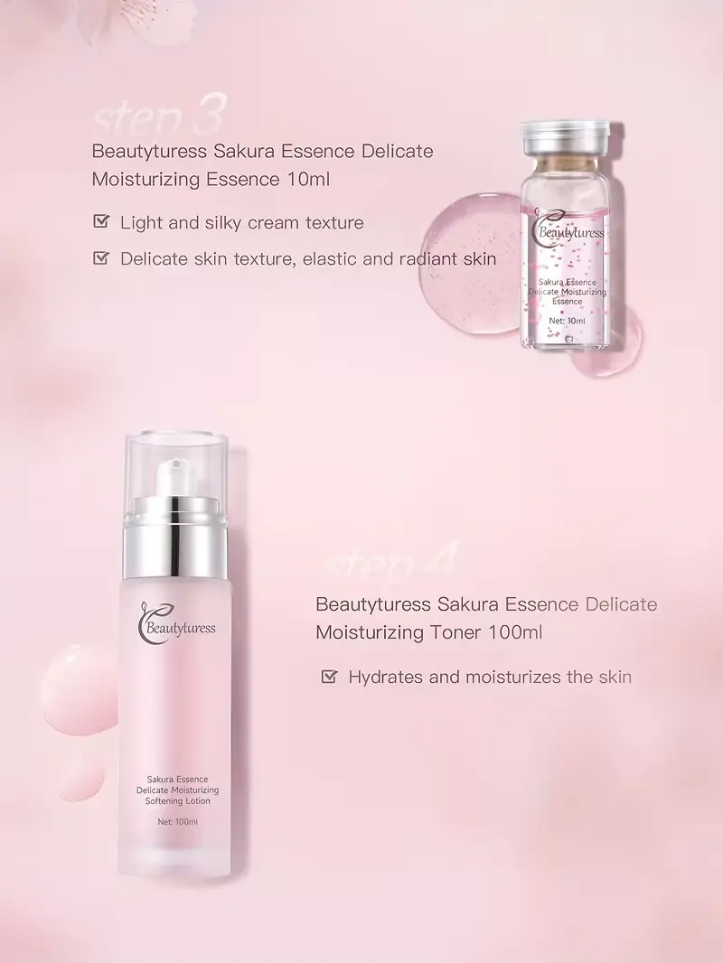 Sakura Essence 10ml vial and Softening Lotion 100ml for elastic and radiant skin texture.