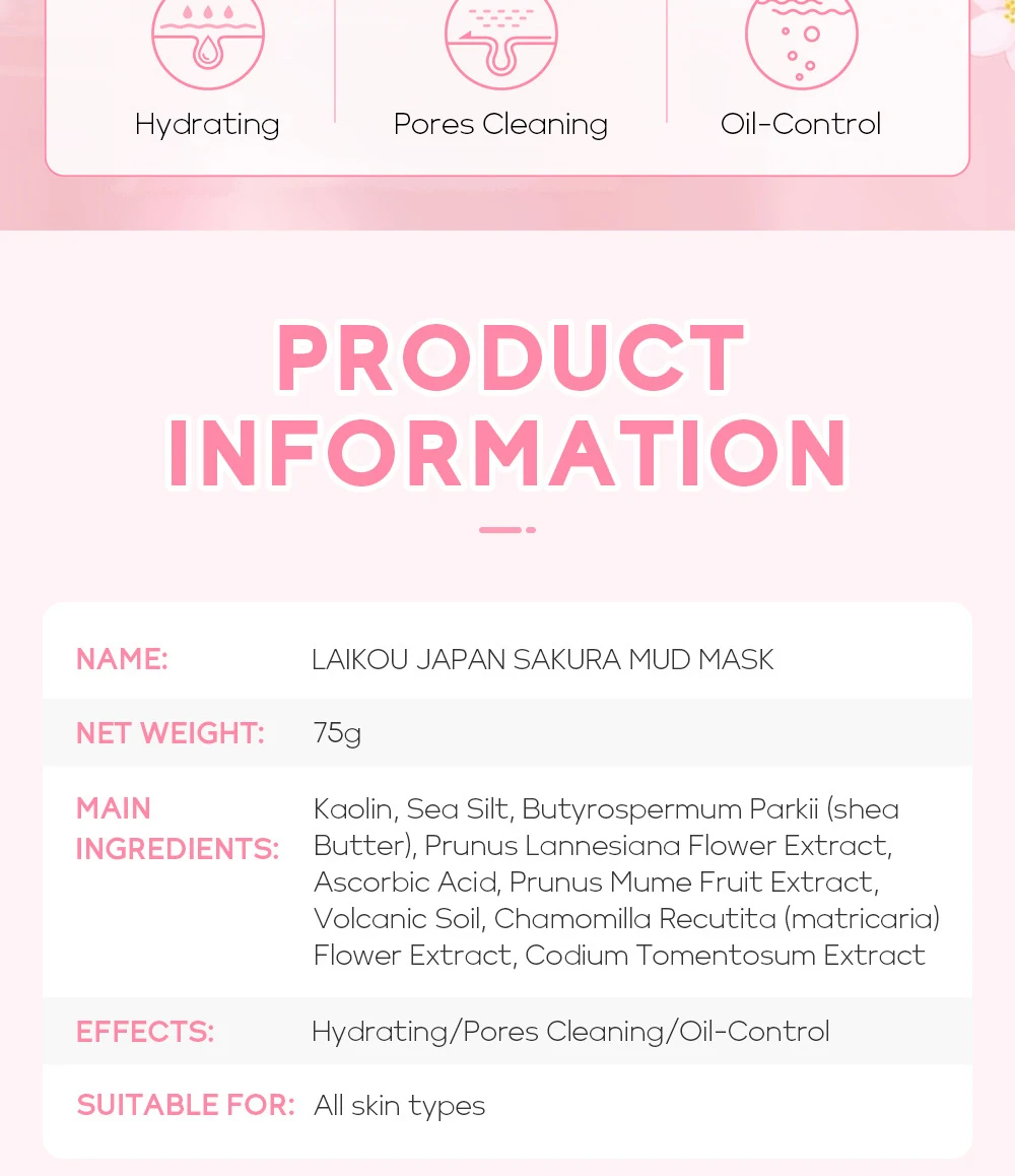 Sakura Mud Mask product information showing main ingredients like Kaolin and Shea Butter.