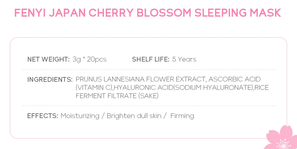 Ingredients list for Sakura sleeping mask including Vitamin C and Hyaluronic Acid.
