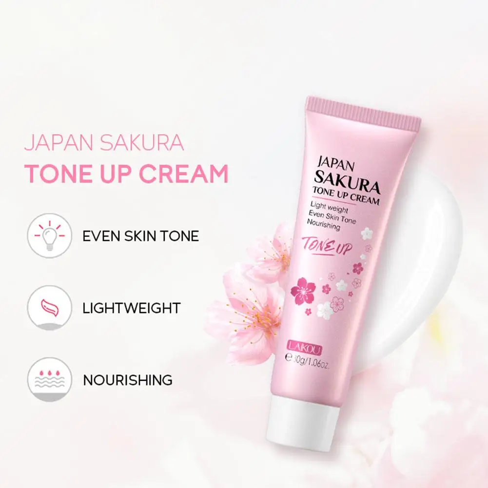 Infographic showing benefits of Sakura Tone Up Cream: Even skin tone, lightweight, and nourishing.