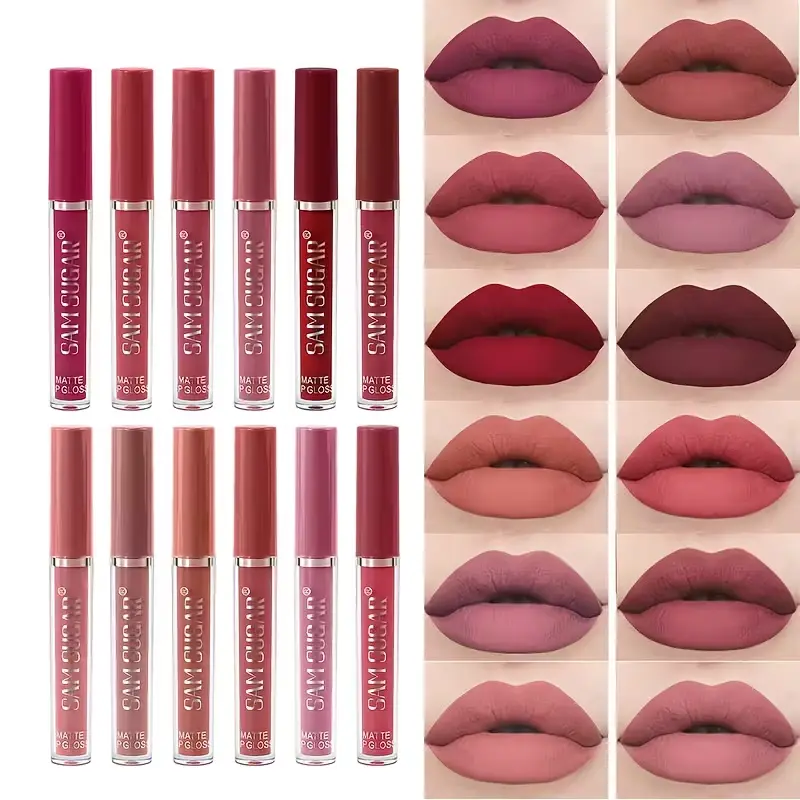 Full 12-piece collection of SAM SUGAR Matte Liquid Lipsticks with matching lip swatches.
