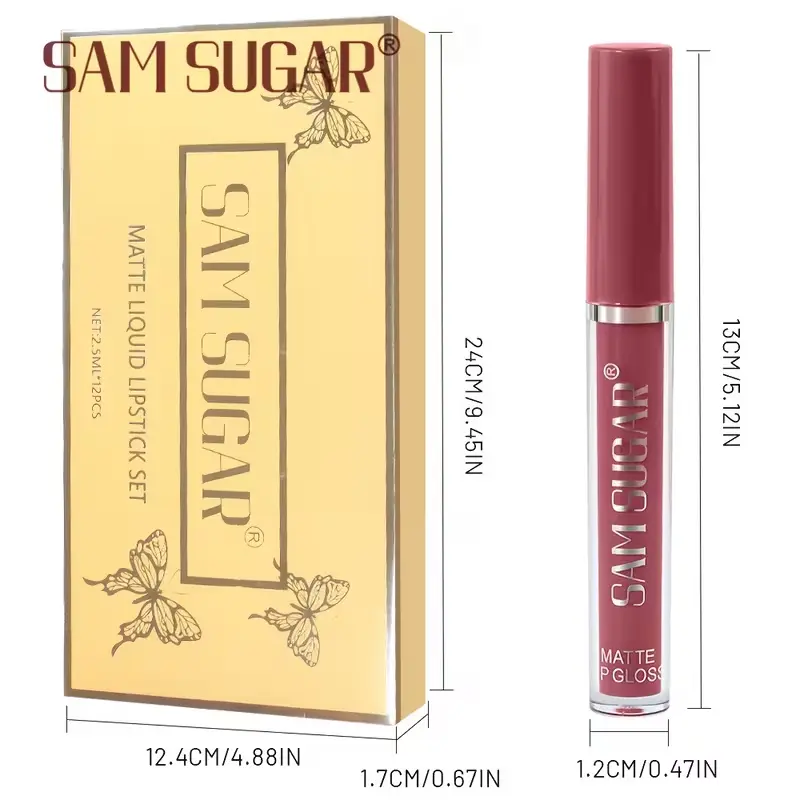 Size chart for SAM SUGAR matte liquid lipstick tube and 12pcs box set in centimeters and inches.