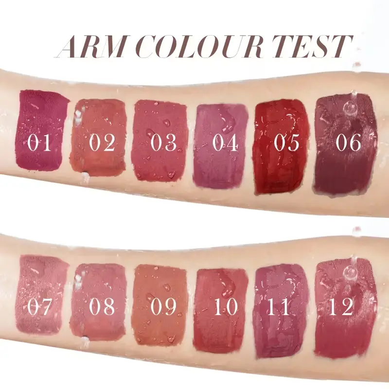 Real arm color test swatches of 12 SAM SUGAR liquid lipstick shades from nude to deep berry.