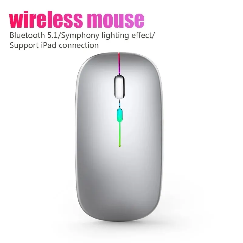 Top view of a silver wireless mouse with RGB strip, featuring Bluetooth 5.1 and iPad connection support.