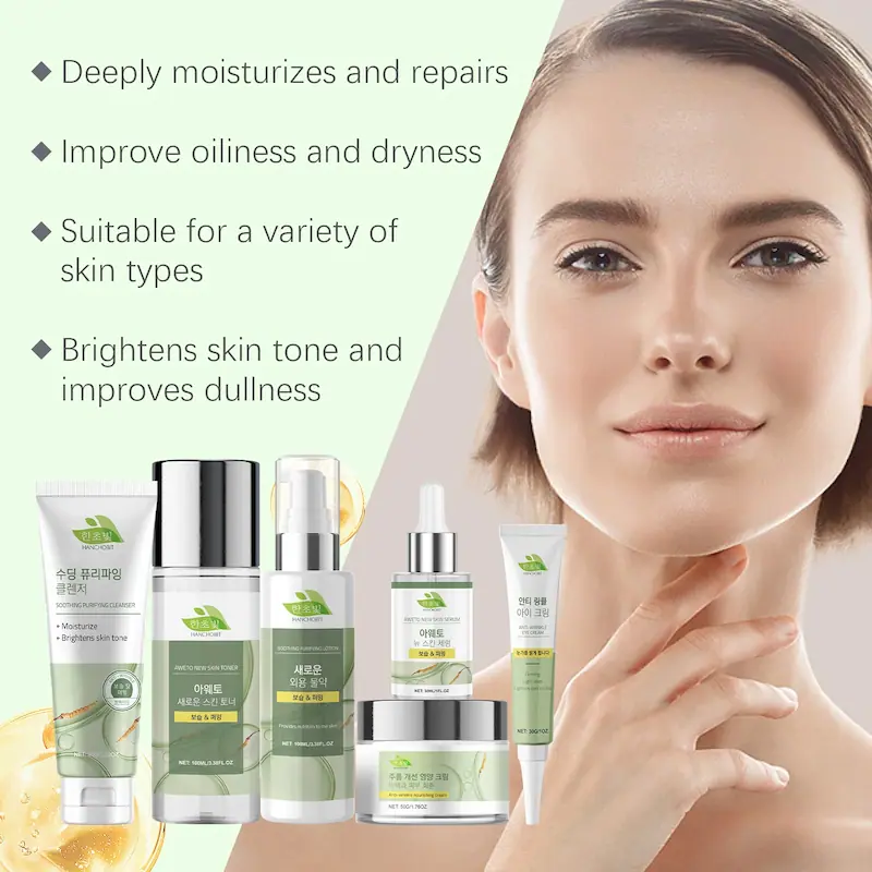 Model showing healthy skin with bullet points about repairing dryness and oiliness.