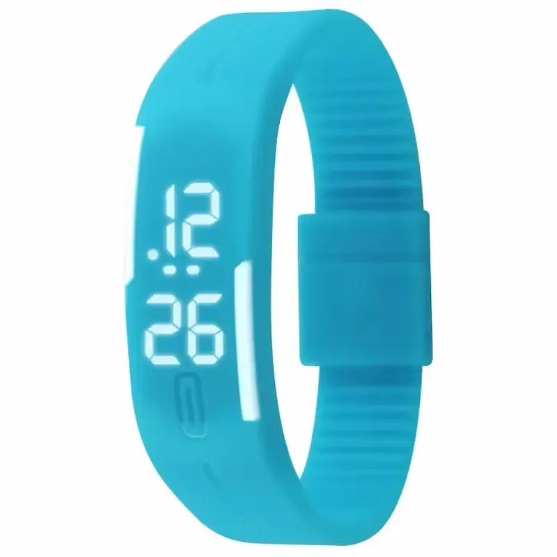 Light blue flexible silicone watch strap with modern digital clock face.