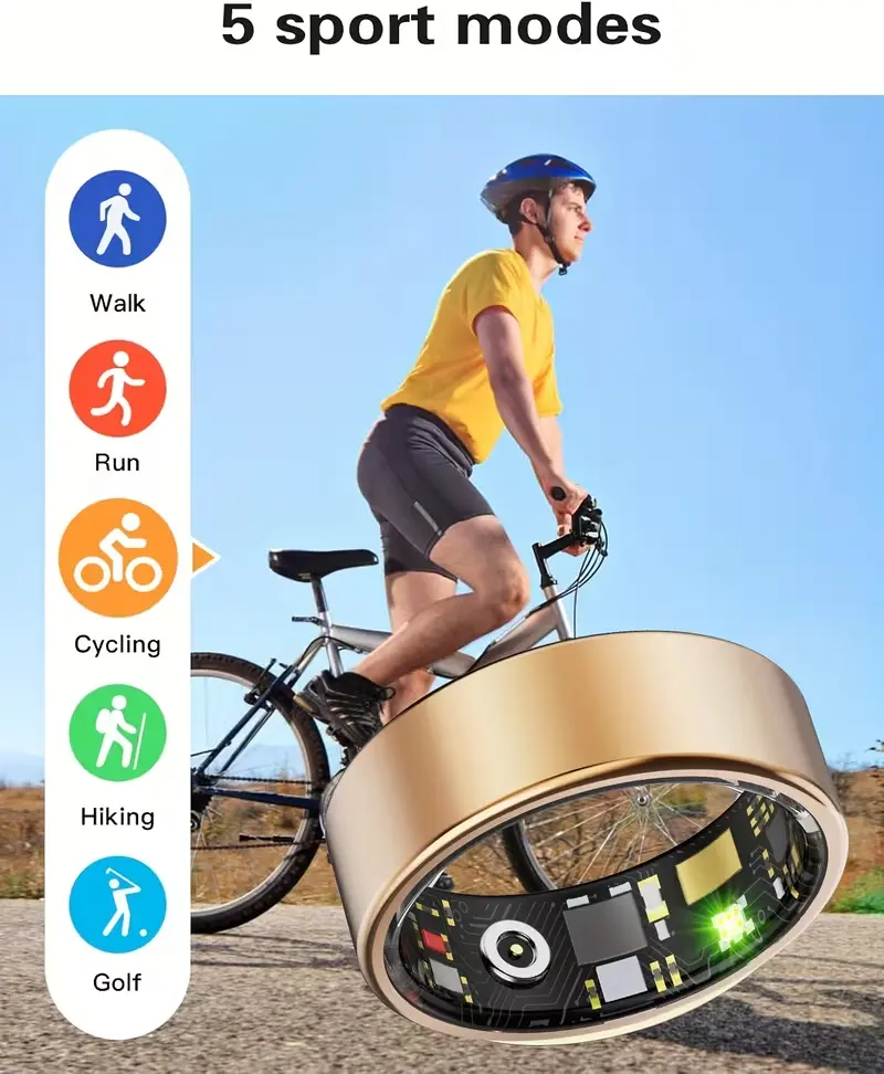 Smart ring featuring 5 sport modes: Walking, Running, Cycling, Hiking, and Golf.