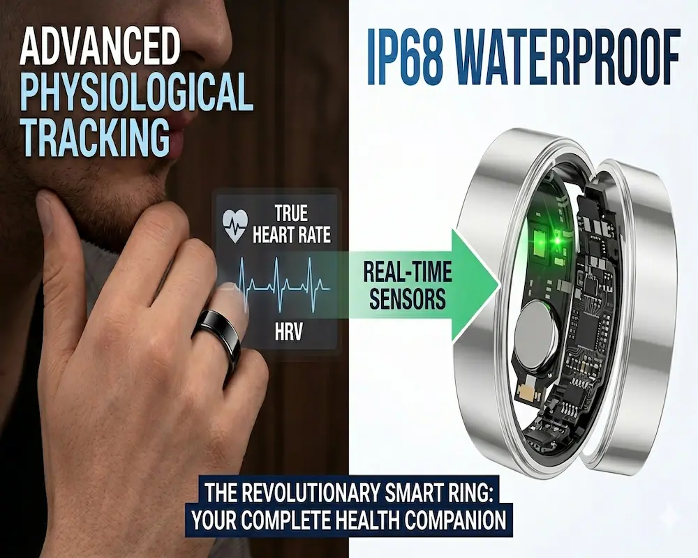 A close-up of a hand wearing the smart ring, adjacent to an infographic detailing 'Advanced Physiological Tracking' and 'True Heart Rate HRV', with an exploded view of the ring illustrating its internal components and the 'IP68 Waterproof' rating.