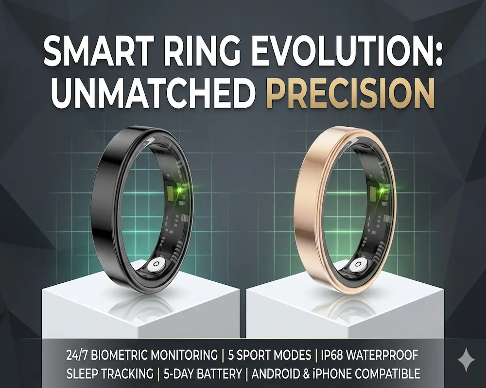 A side-by-side comparison feature image of the Classic Black Smart Ring and Rose Gold Smart Ring, showcasing the inner circuitry and intense green LED sensors against a textured dark background, emphasizing dual color options and high-tech biometric monitoring features.