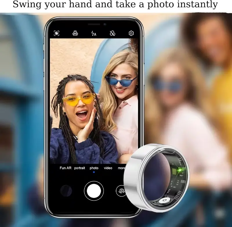 Using the smart ring to remotely control a smartphone camera to take a photo.