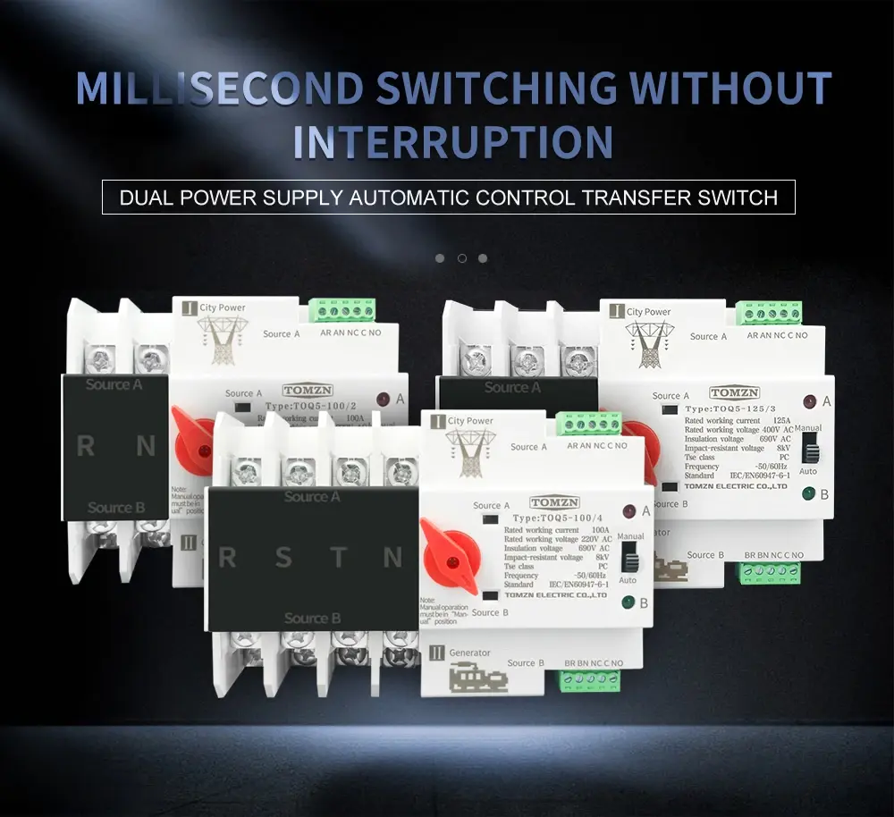TOMZN 2P 3P and 4P Dual Power Automatic Transfer Switch for uninterrupted power supply.