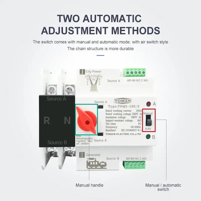 Detailed view of the manual handle and auto switch toggle on a TOMZN Automatic Transfer Switch unit.