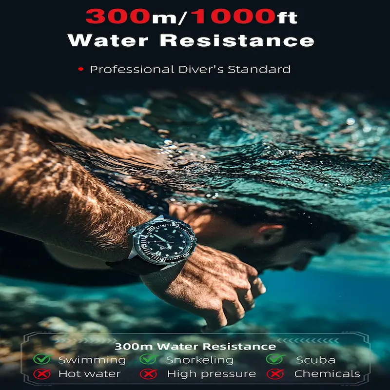 Professional diver wearing North Edge Triton watch underwater with 300m water resistance.