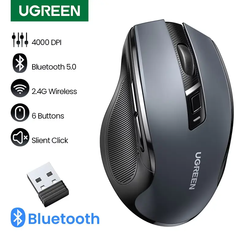 Product showcase of UGREEN mouse with icons for 4000 DPI, Bluetooth, 2.4G, and 6 buttons.