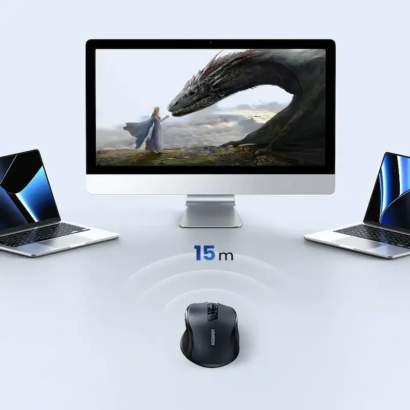 The long-distance 15-meter wireless range connection between the mouse and multiple workspace computers.