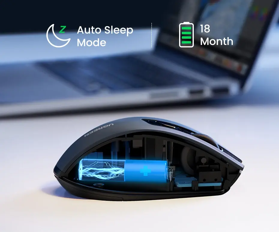 Internal view of UGREEN mouse showing AA battery and 18-month long-lasting battery life claim.