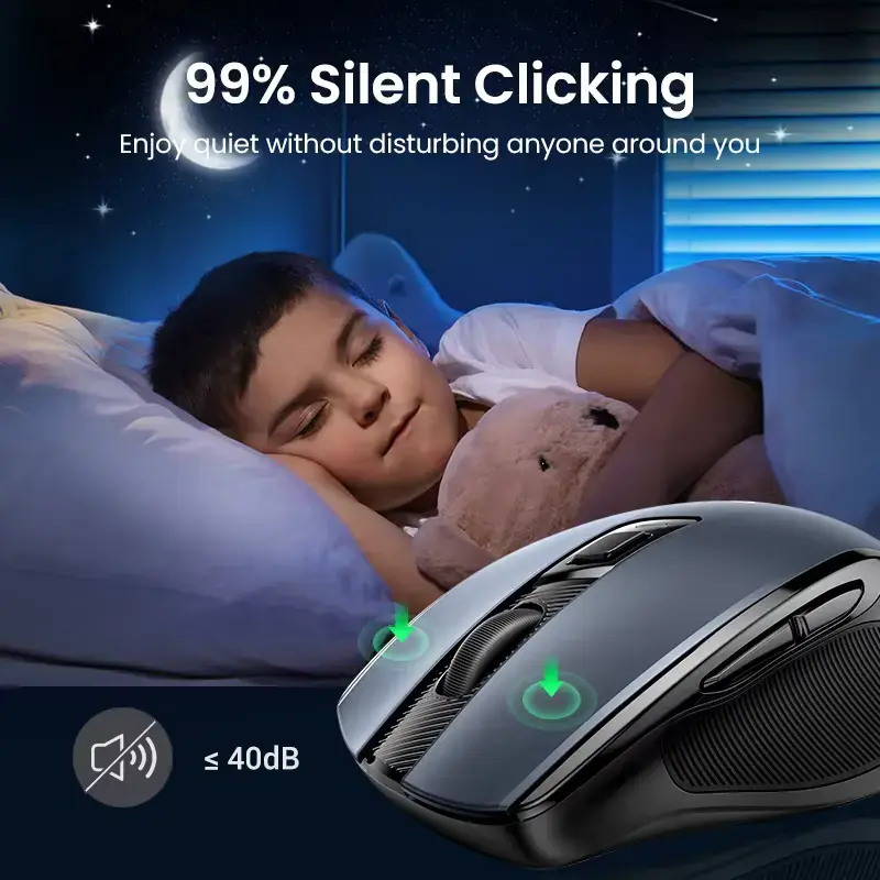 The silent click mechanism of the UGREEN wireless mouse operating under 40 decibels next to a sleeping child.
