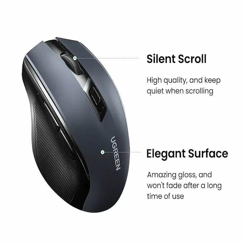 Close-up view of the elegant fade-resistant surface and high-quality silent scroll wheel on the UGREEN mouse.