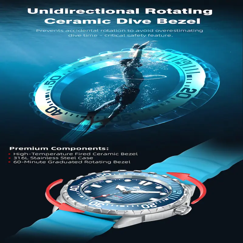 Rotating ceramic dive bezel of North Edge Triton watch highlighting safety features.