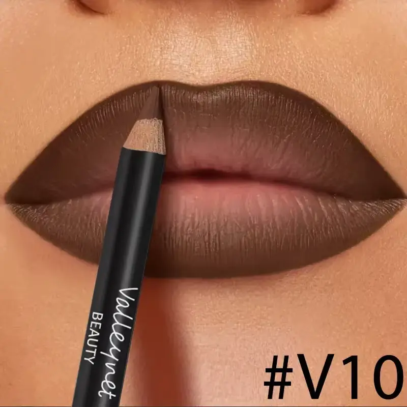 Precise application of Valleynet Beauty lip liner pencil in shade V10 on lips for a defined matte outline.