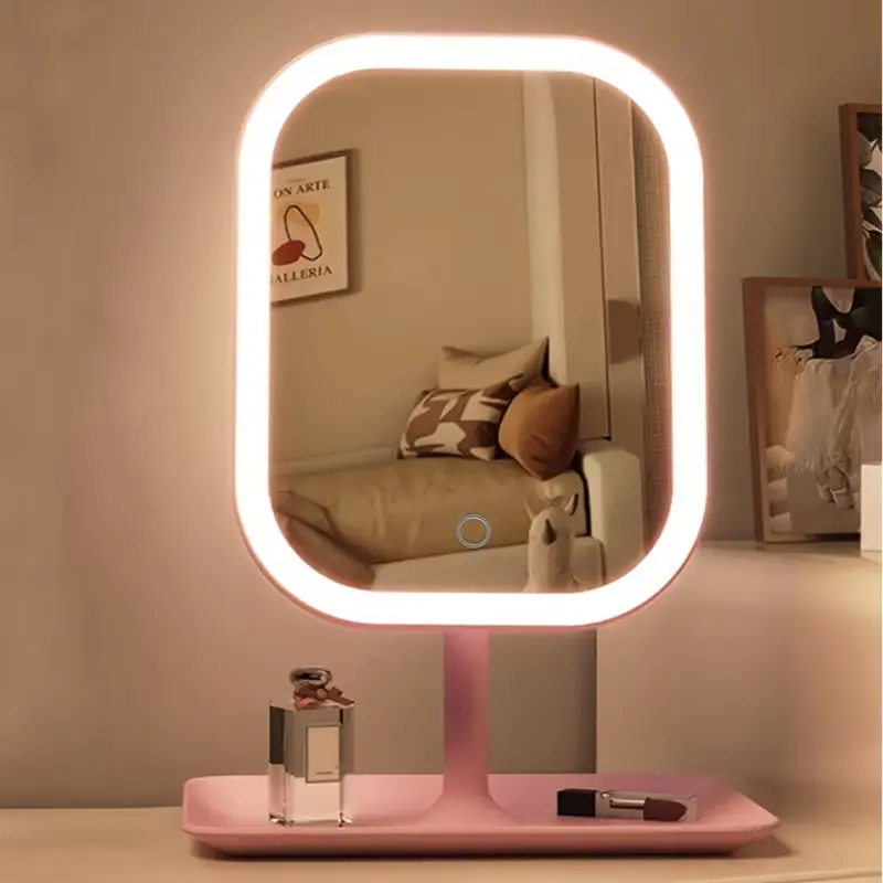 Pink color variant of the rechargeable LED makeup mirror for travel.