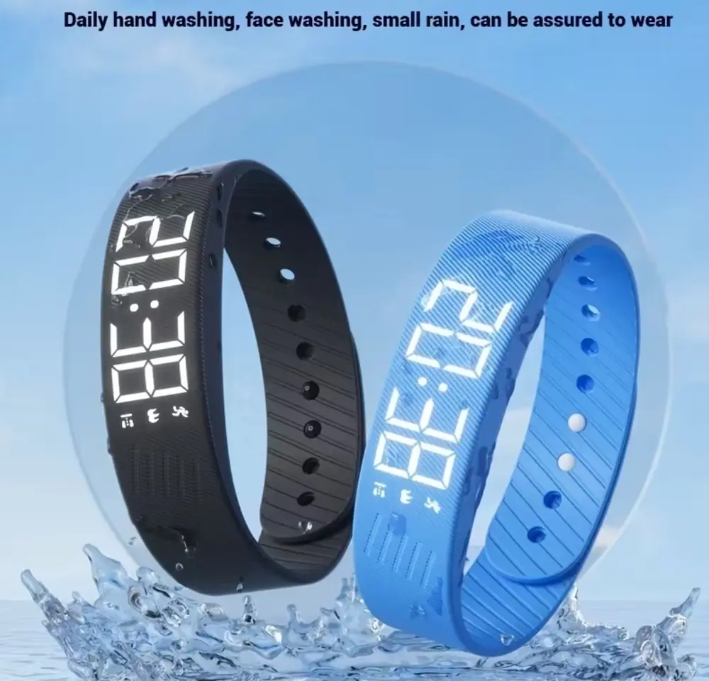 Black and blue watches shown with water splashes and rain icons