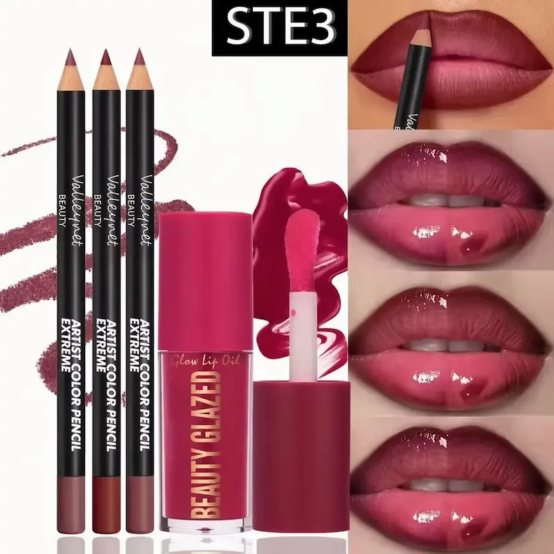 Inside a 4pcs Lip Kit Review featuring the STE3 deep berry plum shades and waterproof lip glaze application.