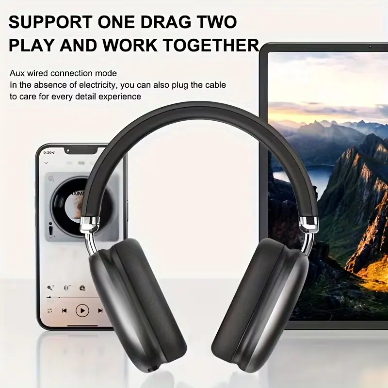 Black wireless headphones showing dual connectivity with a smartphone and tablet using Bluetooth and Aux mode.