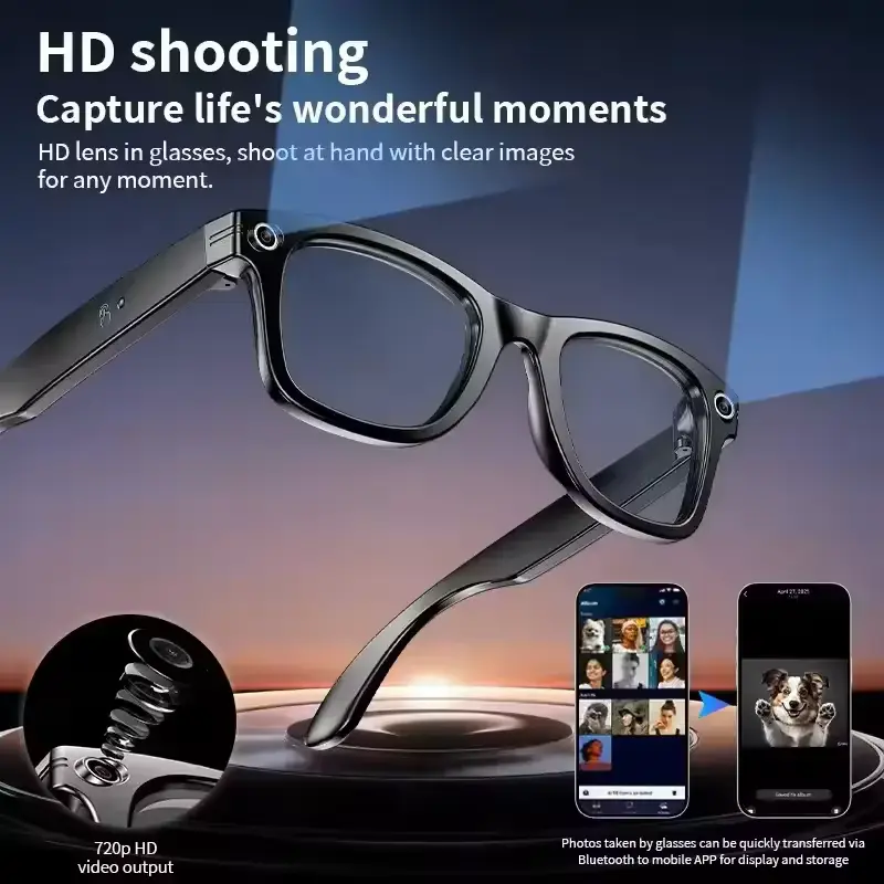W610 Smart AI Glasses capturing photos with integrated HD lens and instant Bluetooth image transfer to a smartphone app.