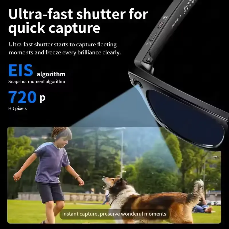 Sleek black camera eyewear featuring ultra-fast shutter capture, EIS stabilization, and 720p resolution.