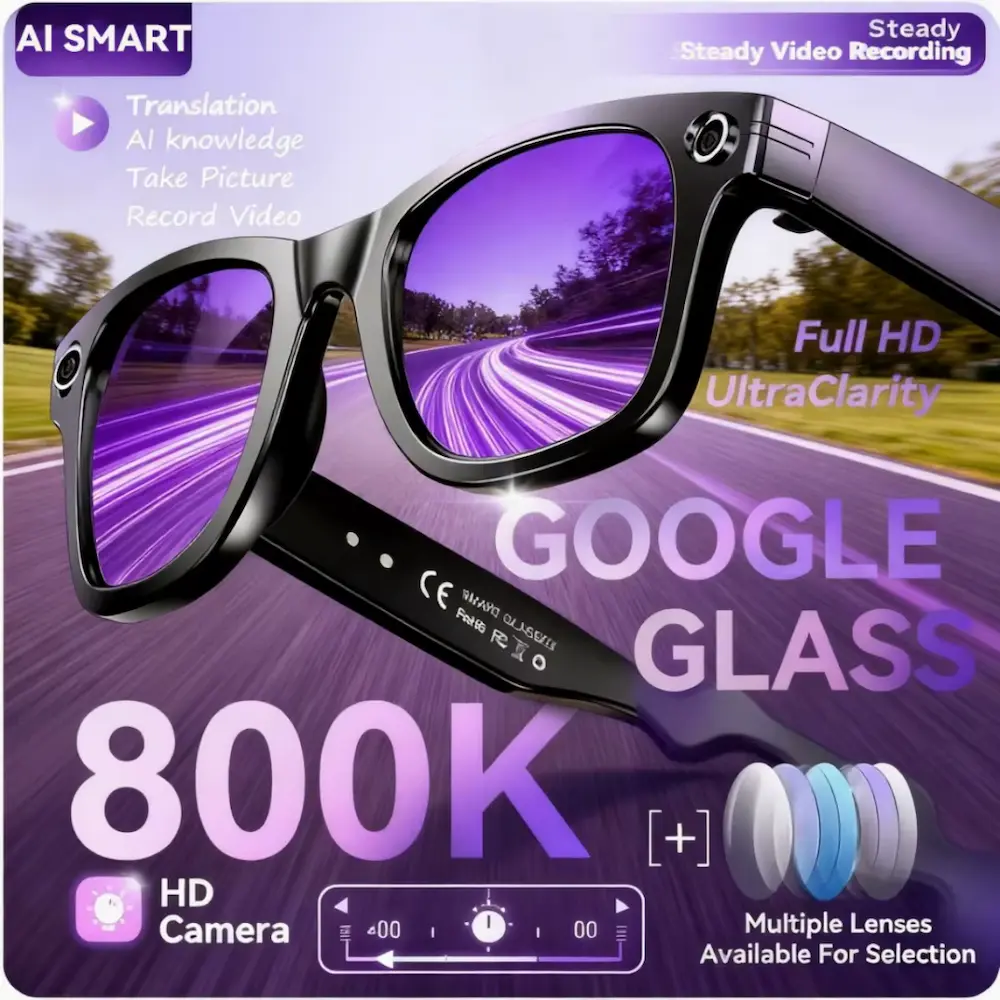 Glossy dark frame spectacles with purple tinted lenses displaying translation and video recording features.