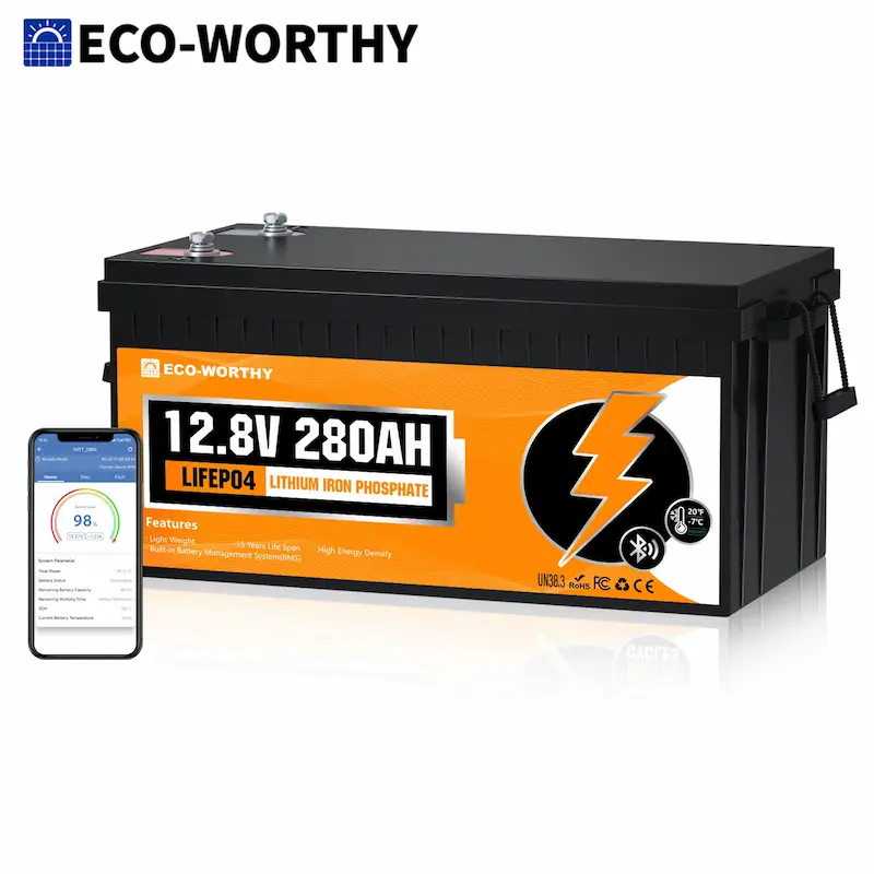 A premium product shot of the ECO-WORTHY 12.8V 280Ah LiFePO4 battery on a clean white reflective surface, with its smartphone app interface displayed next to it.
