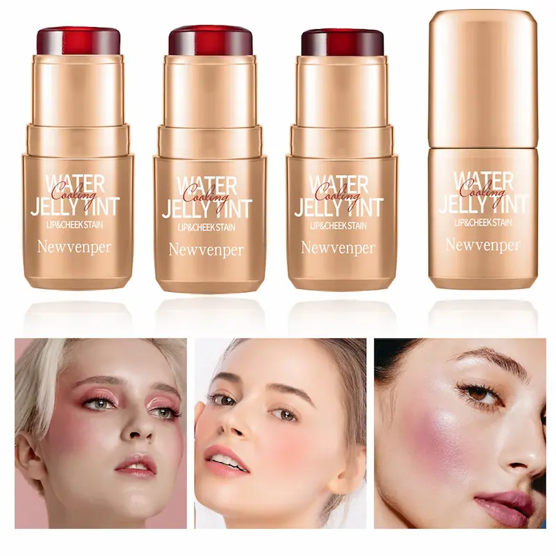 Set of 3 Newvenper Cooling Water Jelly Tint sticks with model cheek shade results.